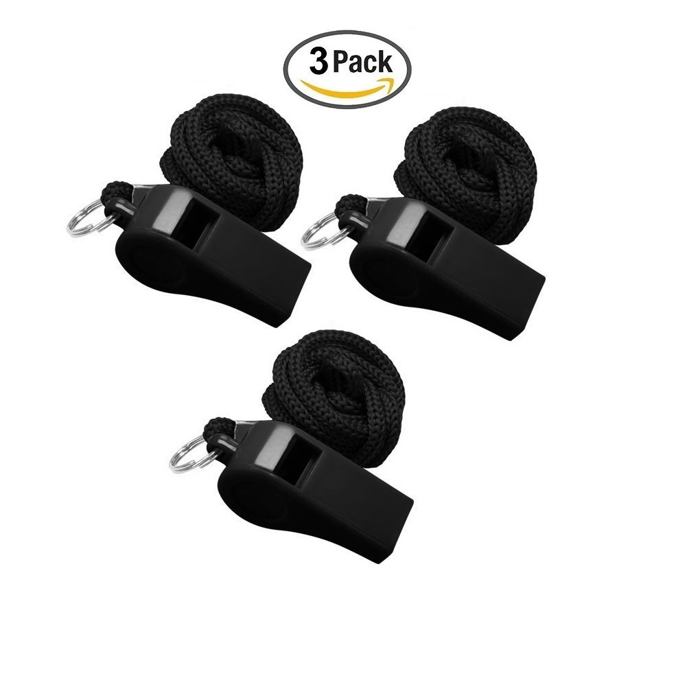 Golvery Coaches Referee Whistle with Lanyard, Black Plastic Whistles for School Sports, Soccer, Football, Basketball and Lifeguard, Survival Emergency Dog Training
