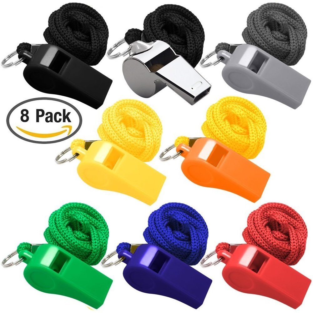 Golvery Coaches Referee Whistle with Lanyard, 7 Colorful Plastic and 1 Metal Whistles for School Sports, Soccer, Football, Basketball and Lifeguard, Survival Emergency Training (8 of Set)
